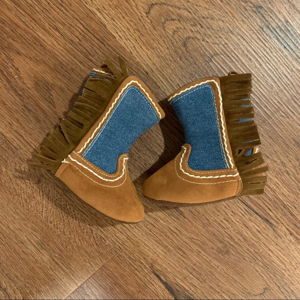 Like New | Denim, Fringe & Faux Suede Baby Cowboy Booties, 0-6 months
